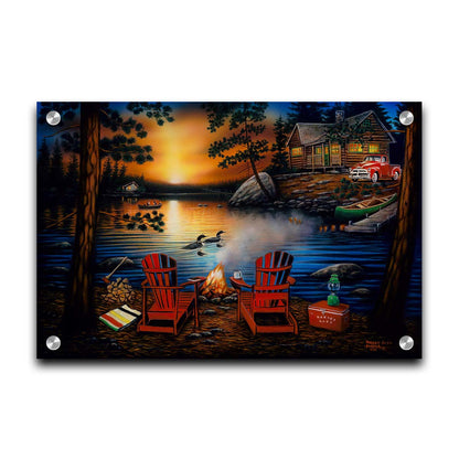 A painting of Kakagi Lake in Ontario, Canada. Cabins sit on the shore by docks of canoes used by fishermen. In the foreground, lawn chairs sit by a campfire. Printed on acrylic.