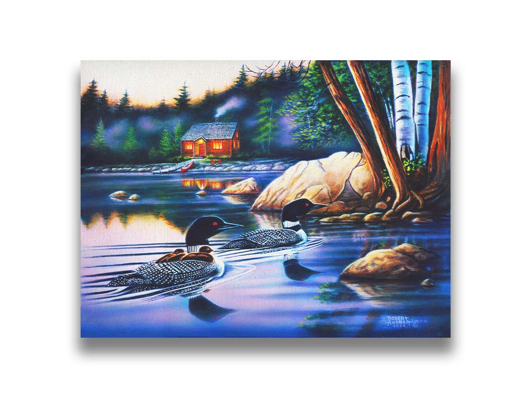 A painting of a family of loons swimming on a lake carrying their young. A pier extends to a cabin in the woods in the background. Printed on canvas.