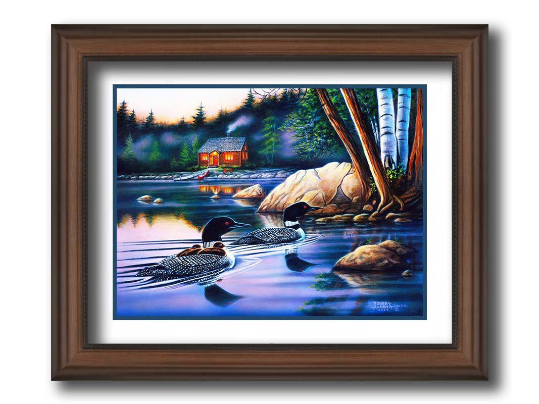 A painting of a family of loons swimming on a lake carrying their young. A pier extends to a cabin in the woods in the background. Printed on paper, matted, and framed.