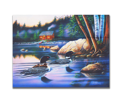 A painting of a family of loons swimming on a lake carrying their young. A pier extends to a cabin in the woods in the background. Printed on a box board.