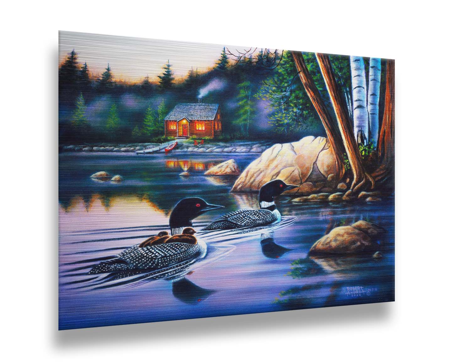 A painting of a family of loons swimming on a lake carrying their young. A pier extends to a cabin in the woods in the background. Printed on metal.