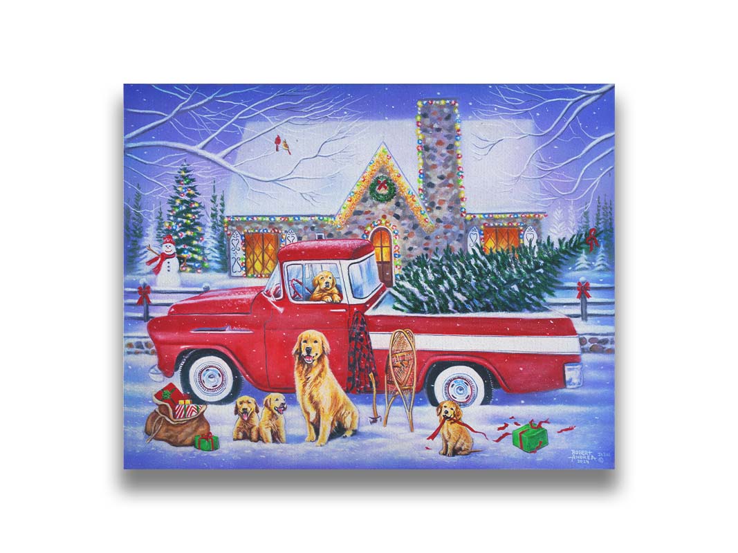 A painting of a red truck, parked in the snow outside a stone house decorated with Christmas lights. An evergreen is in the bed of the truck, and a family of golden retrievers sit in and around the vehicle. Printed on canvas.