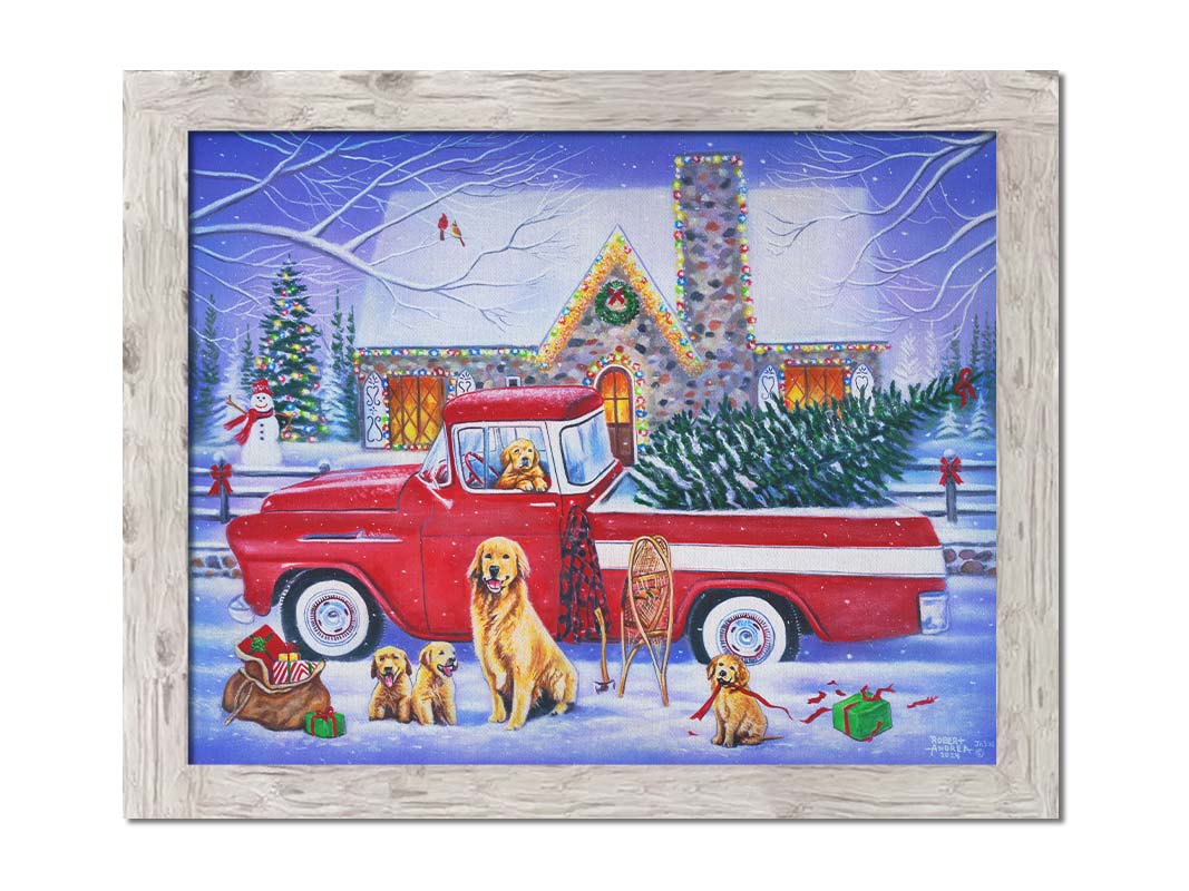 A painting of a red truck, parked in the snow outside a stone house decorated with Christmas lights. An evergreen is in the bed of the truck, and a family of golden retrievers sit in and around the vehicle. Printed on canvas and framed.