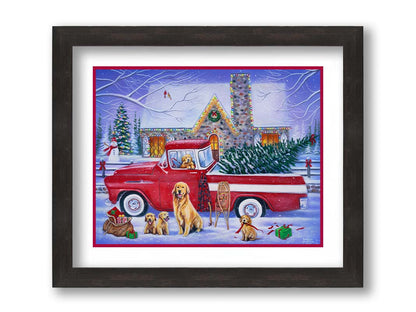 A painting of a red truck, parked in the snow outside a stone house decorated with Christmas lights. An evergreen is in the bed of the truck, and a family of golden retrievers sit in and around the vehicle. Printed on paper, matted, and framed.