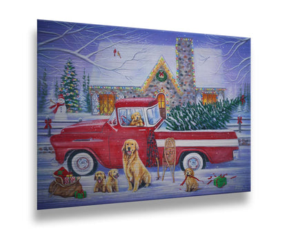 A painting of a red truck, parked in the snow outside a stone house decorated with Christmas lights. An evergreen is in the bed of the truck, and a family of golden retrievers sit in and around the vehicle. Printed on metal.