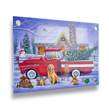 A painting of a red truck, parked in the snow outside a stone house decorated with Christmas lights. An evergreen is in the bed of the truck, and a family of golden retrievers sit in and around the vehicle. Printed on acrylic.