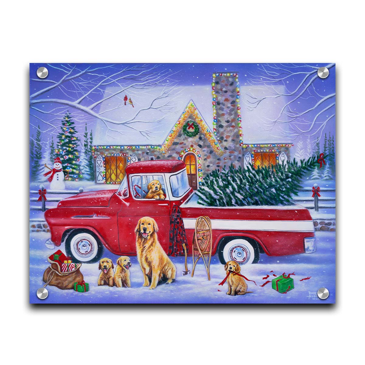 A painting of a red truck, parked in the snow outside a stone house decorated with Christmas lights. An evergreen is in the bed of the truck, and a family of golden retrievers sit in and around the vehicle. Printed on acrylic.