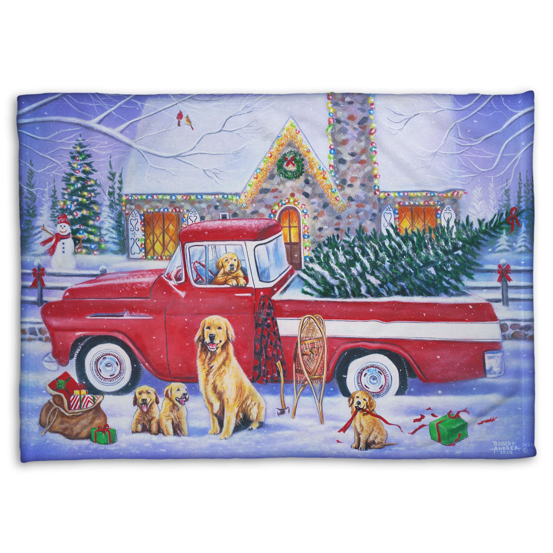 A coral fleece blanket printed with a painting of a vintage red truck carrying a Christmas tree to a decorated house, surrounded by a family of golden retriever dogs.