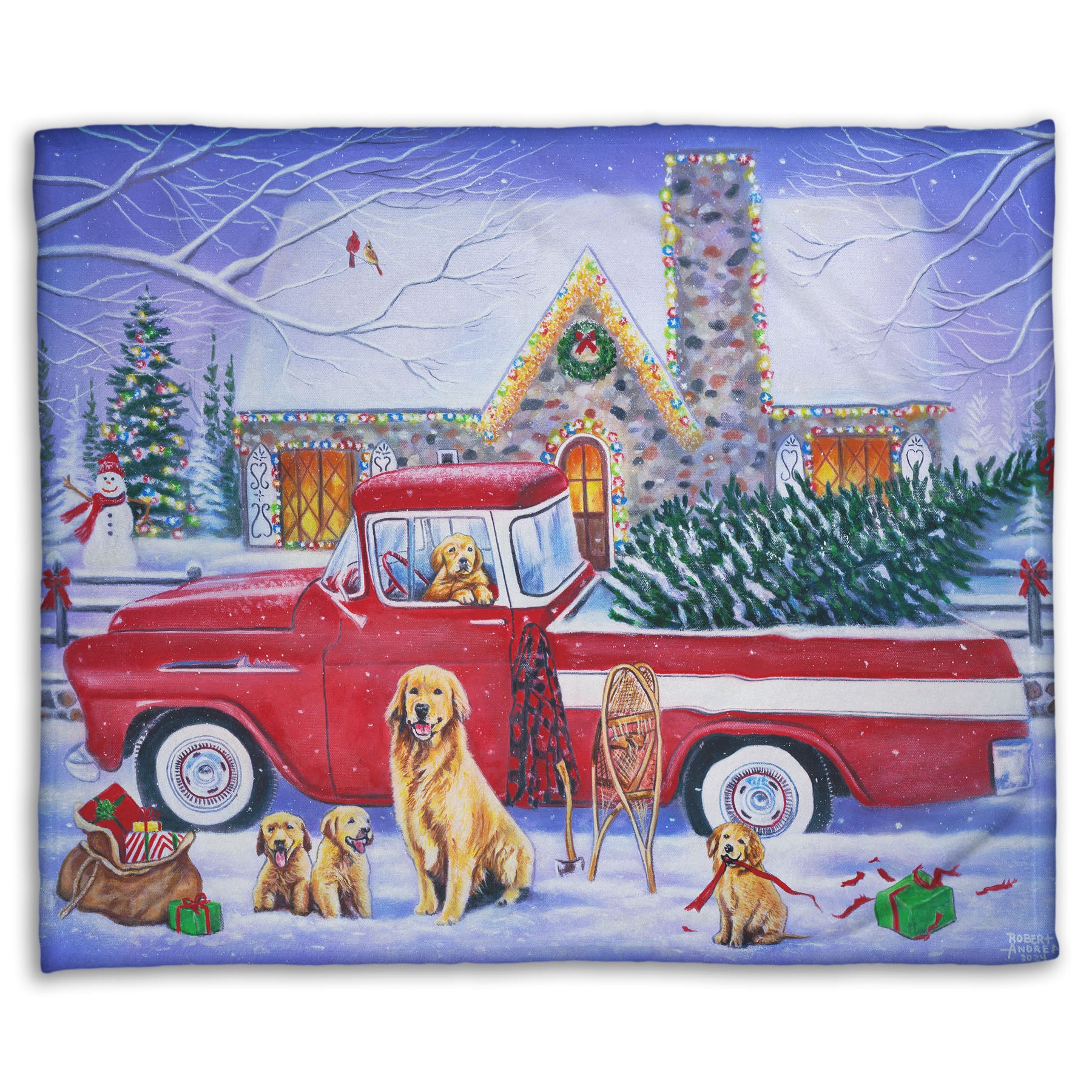 A coral fleece blanket printed with a painting of a vintage red truck carrying a Christmas tree to a decorated house, surrounded by a family of golden retriever dogs.