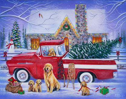 A painting of a red truck, parked in the snow outside a stone house decorated with Christmas lights. An evergreen is in the bed of the truck, and a family of golden retrievers sit in and around the vehicle.