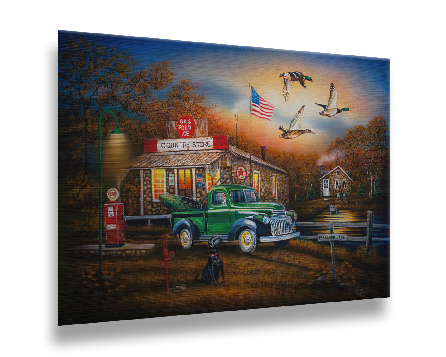 A painting of a "Country Store" and gas station, with a small house in the background. A small pond, with a sign reading "Mallard Lake," is beside it. A little green truck is parked in the front, carrying a green kayak. A black dog sits nearby, watching three mallard ducks fly overhead. Printed on metal.