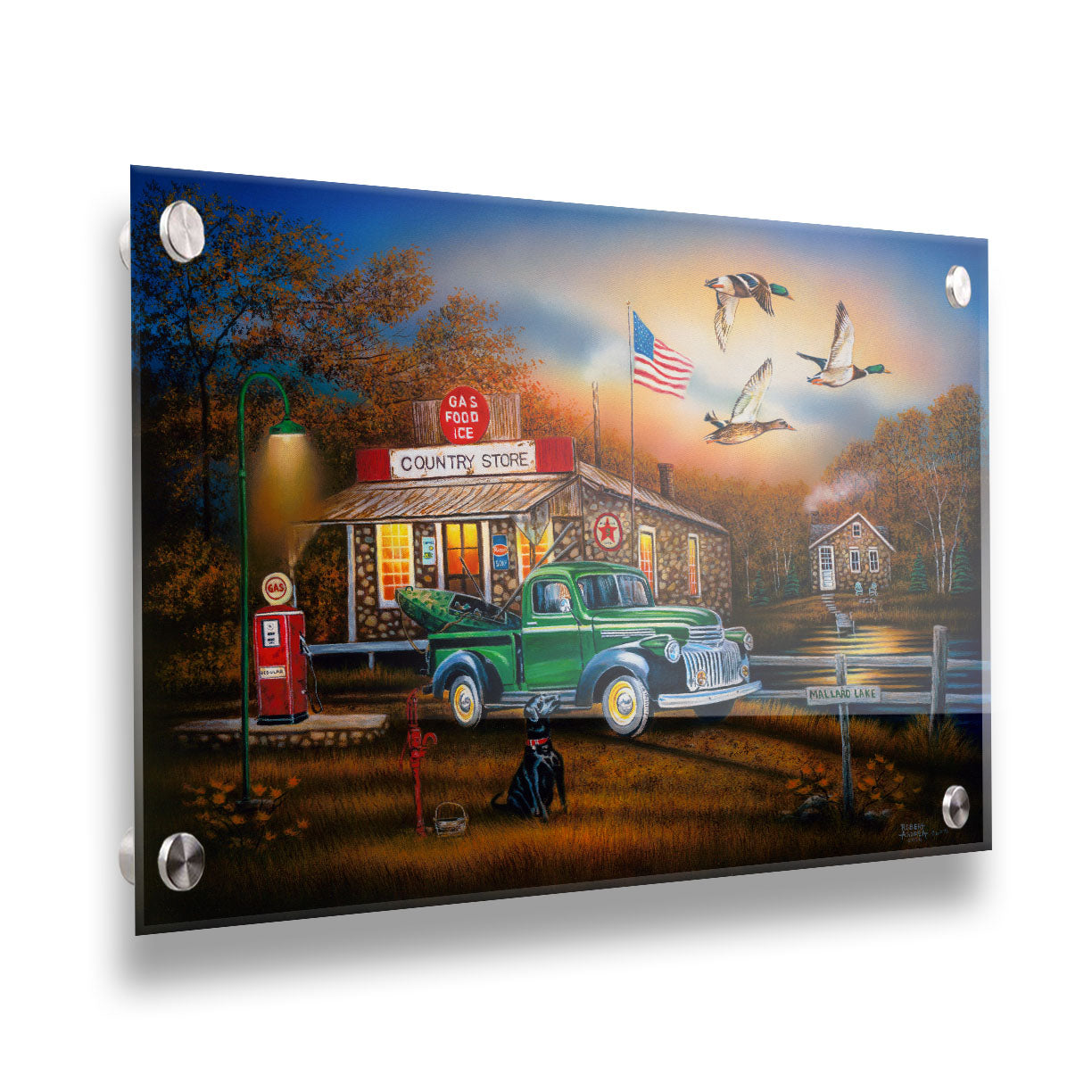 A painting of a "Country Store" and gas station, with a small house in the background. A small pond, with a sign reading "Mallard Lake," is beside it. A little green truck is parked in the front, carrying a green kayak. A black dog sits nearby, watching three mallard ducks fly overhead. Printed on acrylic.