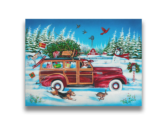 A painting of a Christmas-themed landscape, with a red classic wood panel car speeding by to deliver presents. The snowy country scene includes trees, a barn, and animals passing by– with a snowman nearly losing his hat in the rush. Printed on canvas.