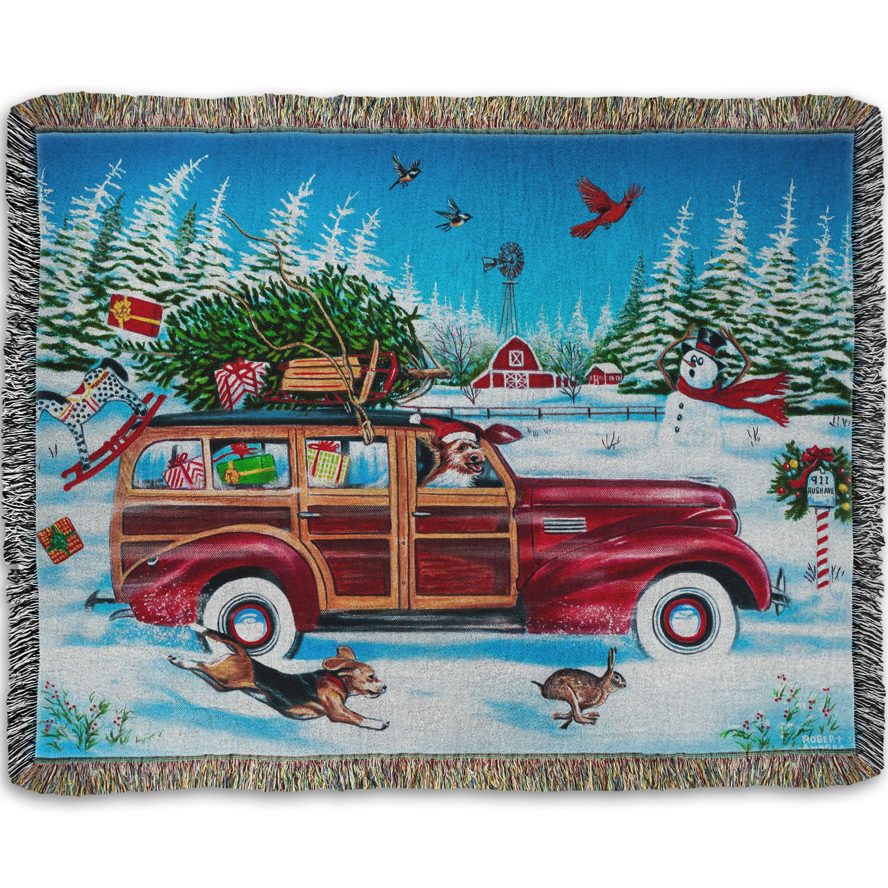 A woven throw blanket printed with a festive Christmas painting, with a classic wood panel car speeding by with presents.