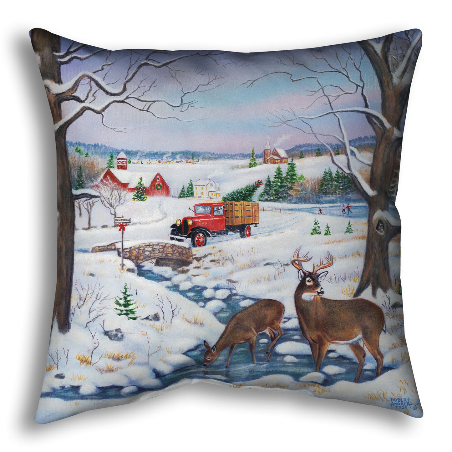 Festive throw pillow with winter scene featuring a vintage red truck carrying an evergreen for Christmas over a stream where deer drink.