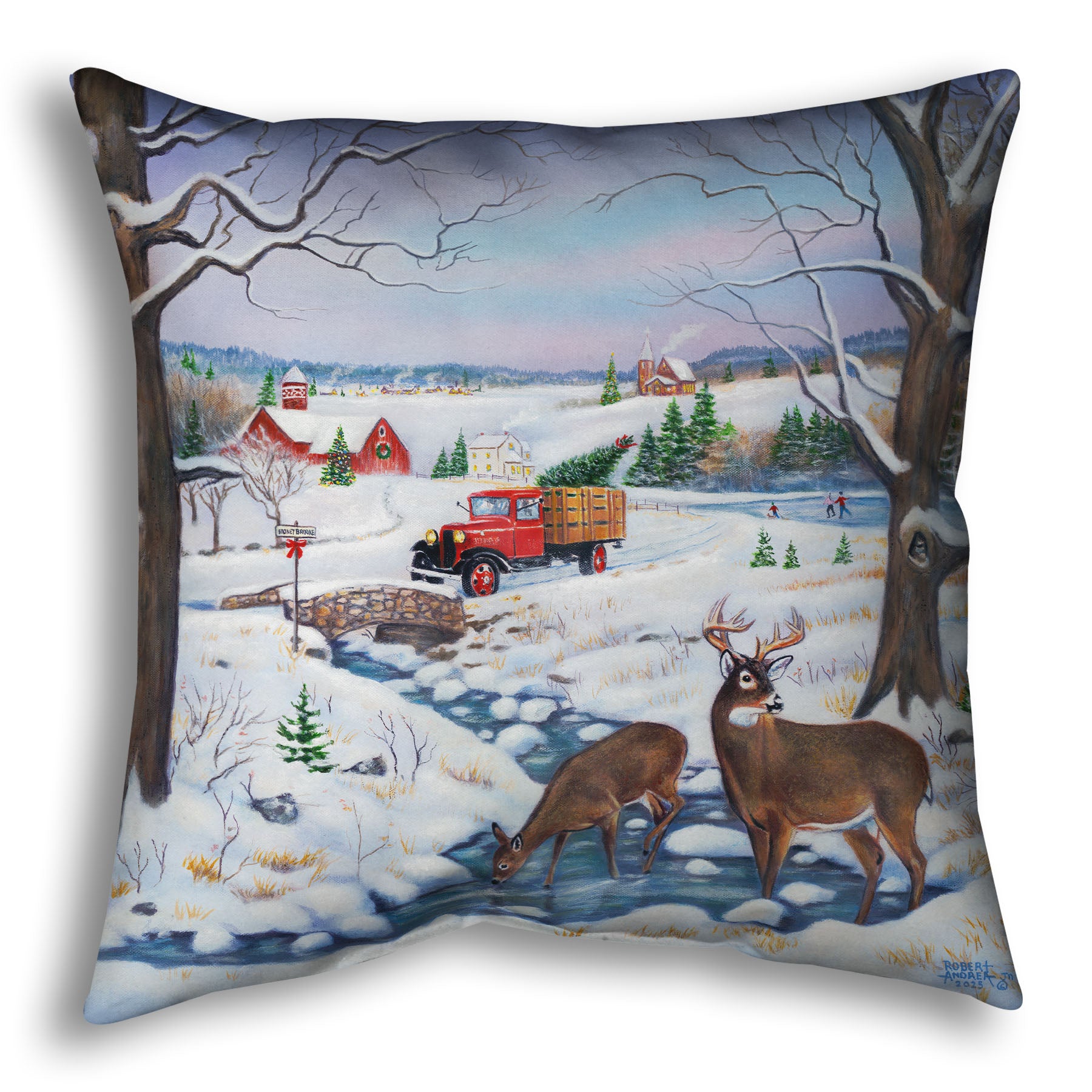 Festive throw pillow with winter scene featuring a vintage red truck carrying an evergreen for Christmas over a stream where deer drink.