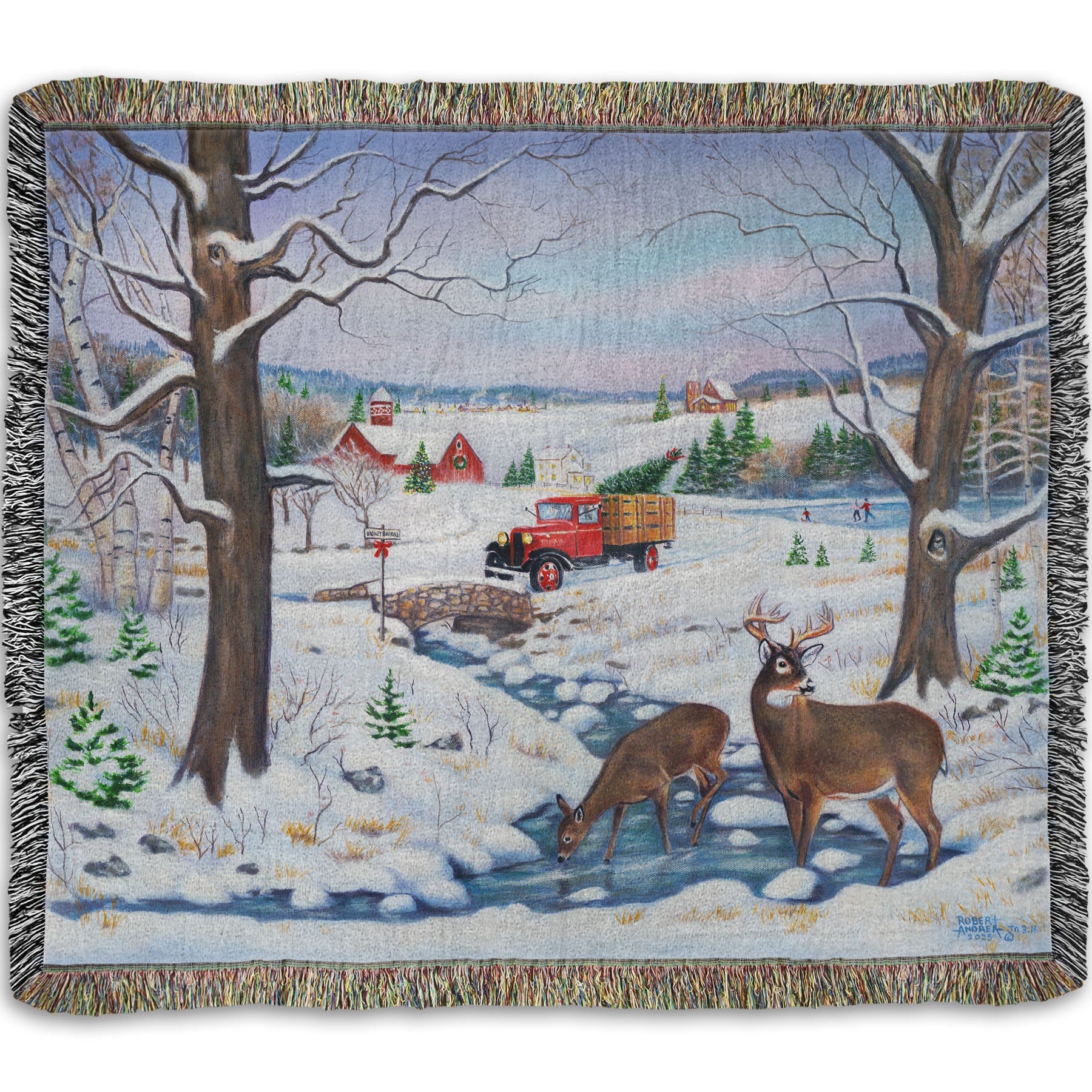 Festive blanket with winter scene featuring a vintage red truck carrying an evergreen for Christmas over a stream where deer drink.