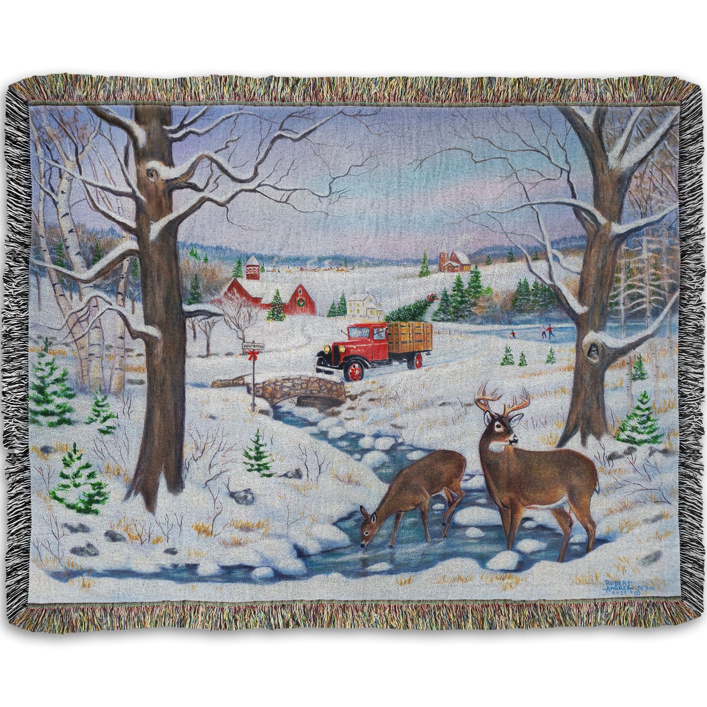 Festive blanket with winter scene featuring a vintage red truck carrying an evergreen for Christmas over a stream where deer drink.