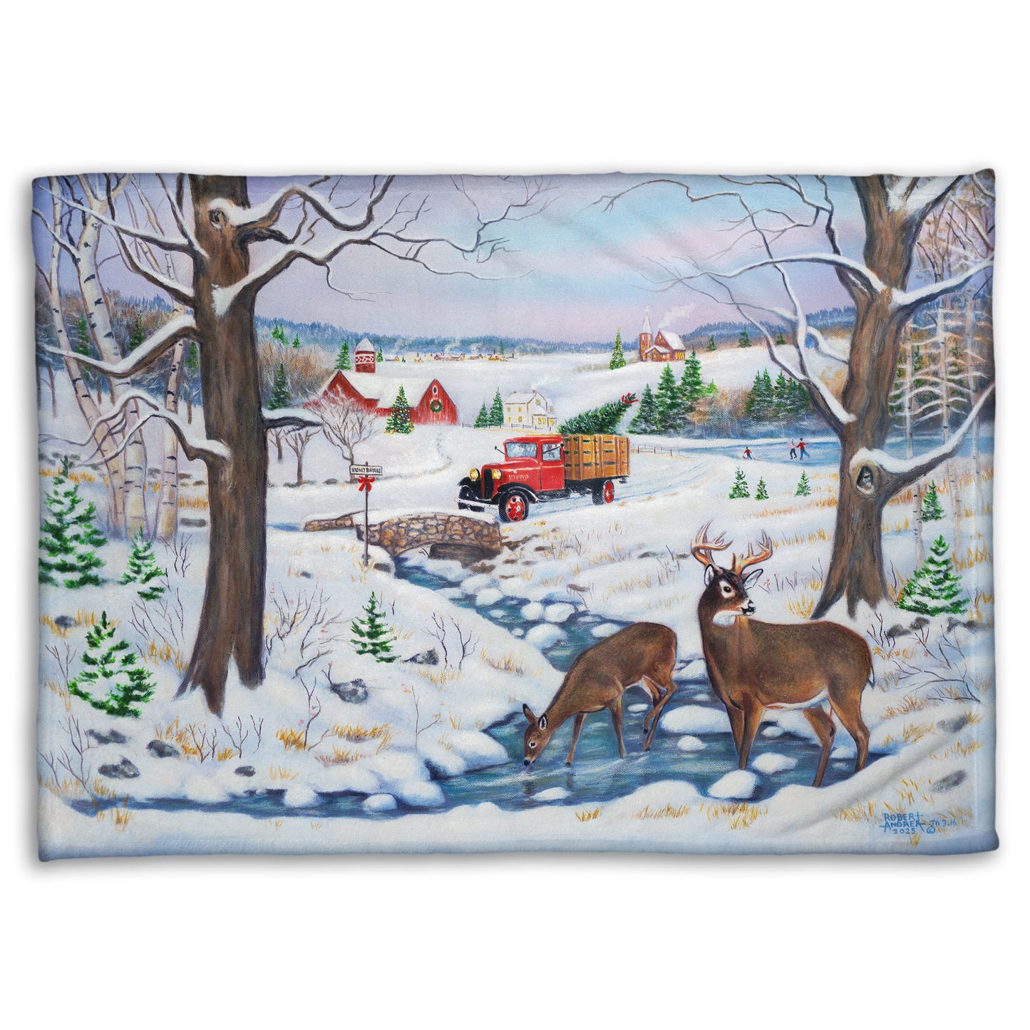 Festive blanket with winter scene featuring a vintage red truck carrying an evergreen for Christmas over a stream where deer drink.