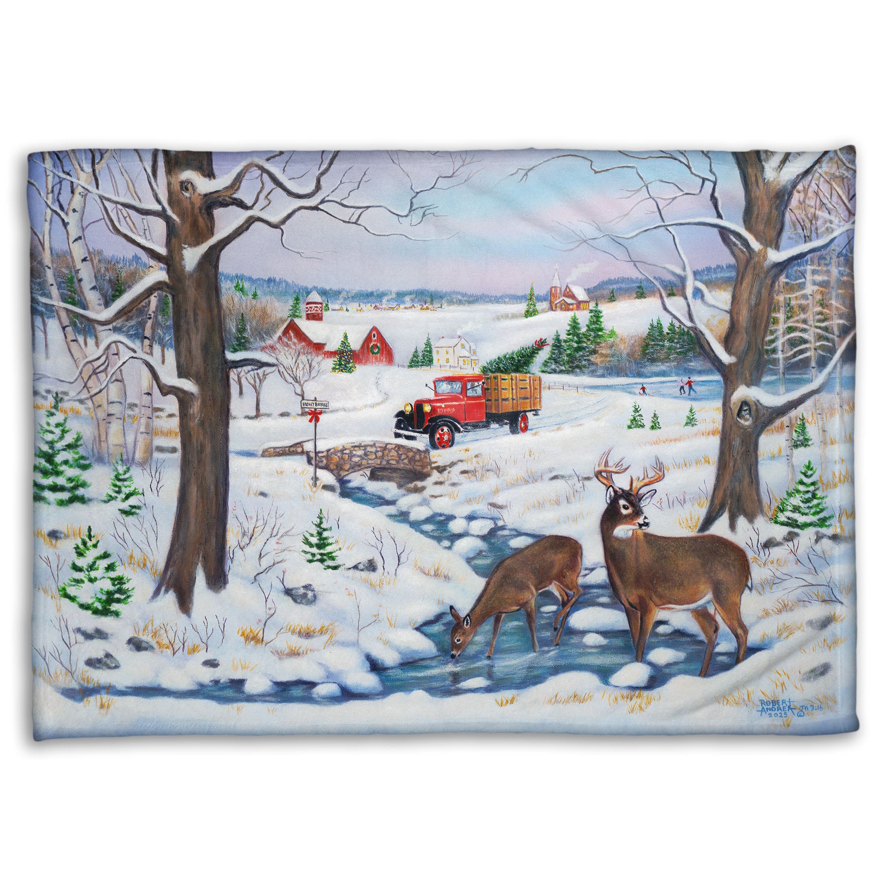 Festive blanket with winter scene featuring a vintage red truck carrying an evergreen for Christmas over a stream where deer drink.