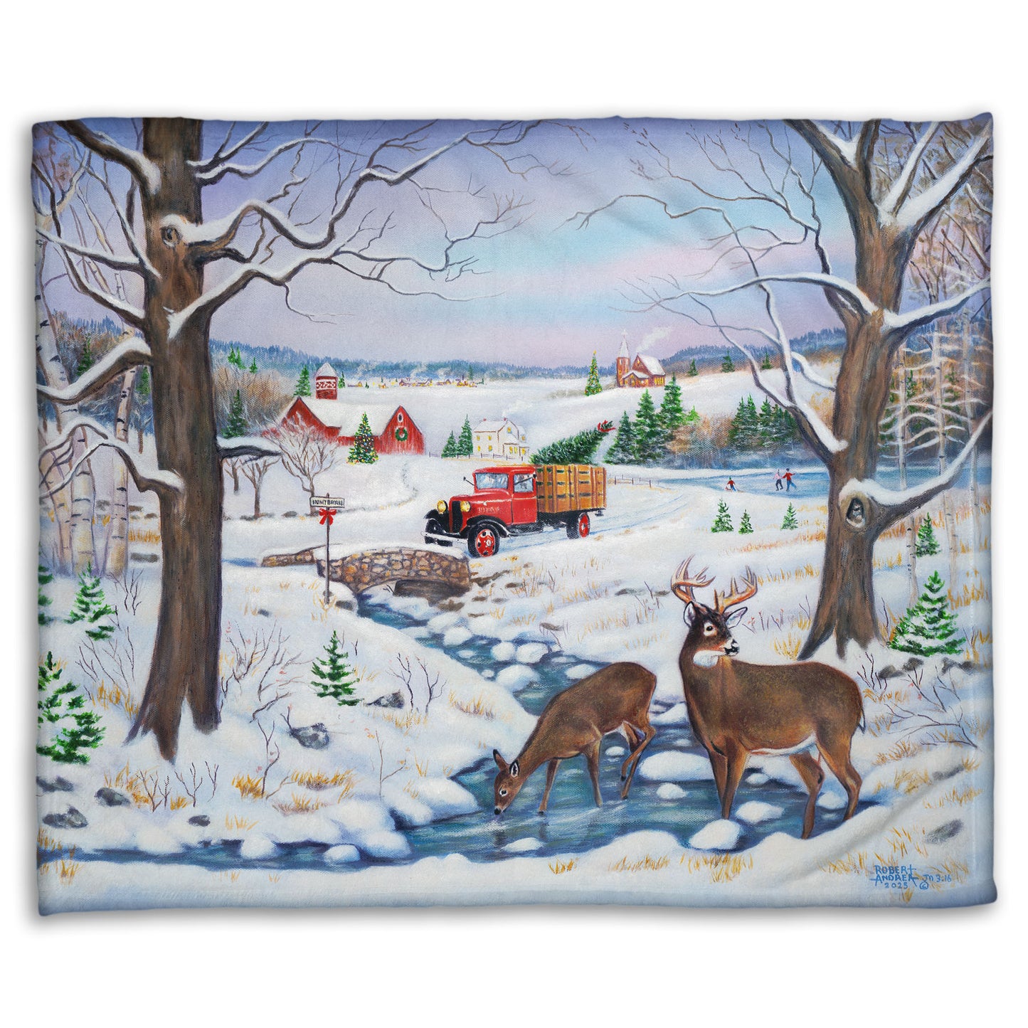 Festive blanket with winter scene featuring a vintage red truck carrying an evergreen for Christmas over a stream where deer drink.