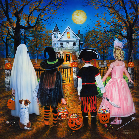 Halloween-themed painting of children in costumes trick-or-treating outside a haunted-looking house.