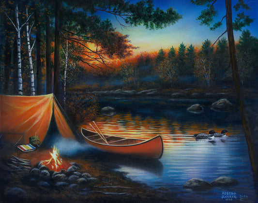 A landscape painting focused on a small tent camp on the shore of a body of water in the woods. A boat is docked on the bank, and two loons swim by.