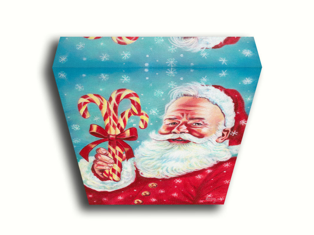 Illustrative painting of Santa Claus smiling and holding candy canes against a a blue snowing sky. Printed on canvas.