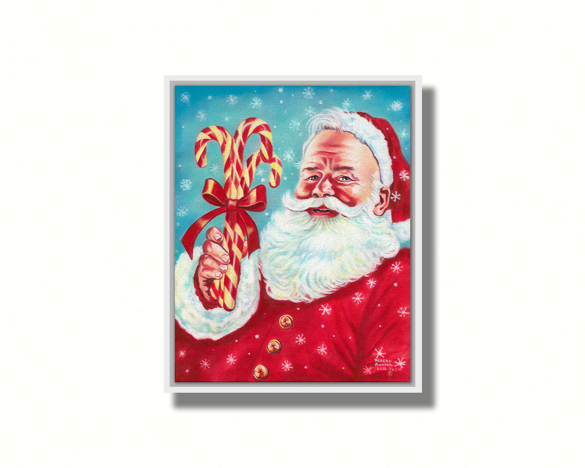 Illustrative painting of Santa Claus smiling and holding candy canes against a a blue snowing sky. Printed on canvas in a float frame.