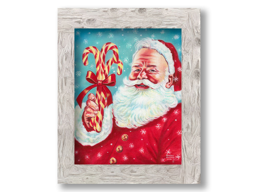 Illustrative painting of Santa Claus smiling and holding candy canes against a a blue snowing sky. Printed on canvas and framed.