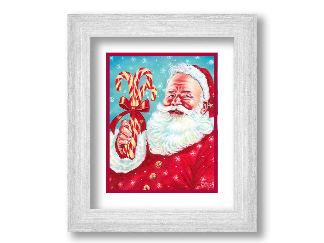 Illustrative painting of Santa Claus smiling and holding candy canes against a a blue snowing sky. Printed on paper, matted, and framed.