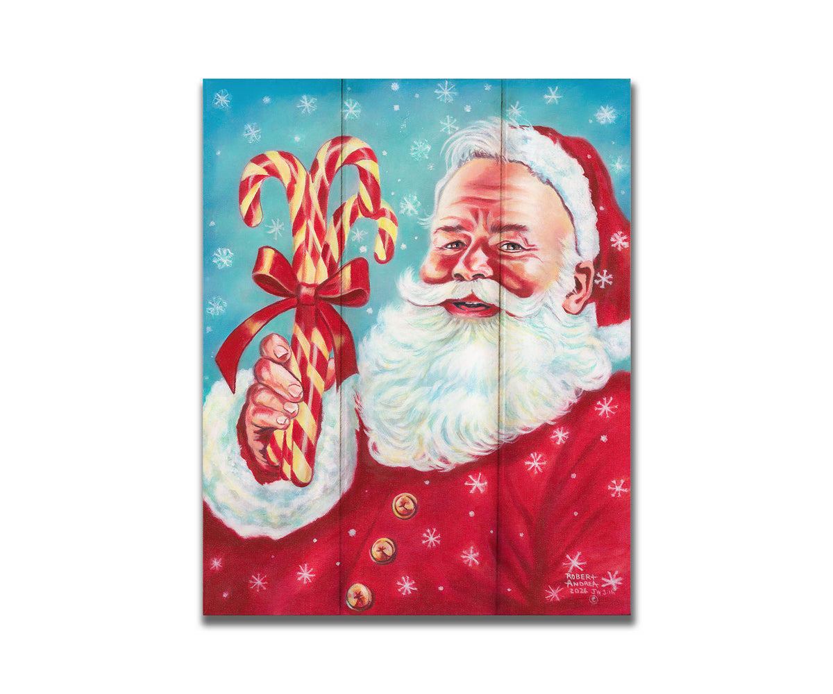 Illustrative painting of Santa Claus smiling and holding candy canes against a a blue snowing sky. Printed on a box board.