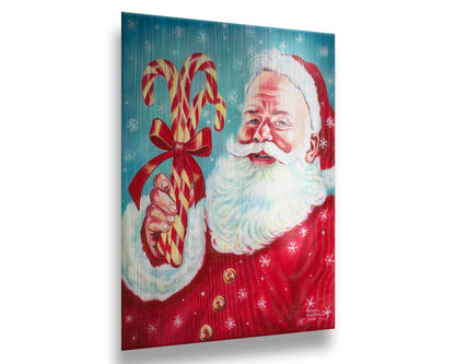 Illustrative painting of Santa Claus smiling and holding candy canes against a a blue snowing sky. Printed on metal.