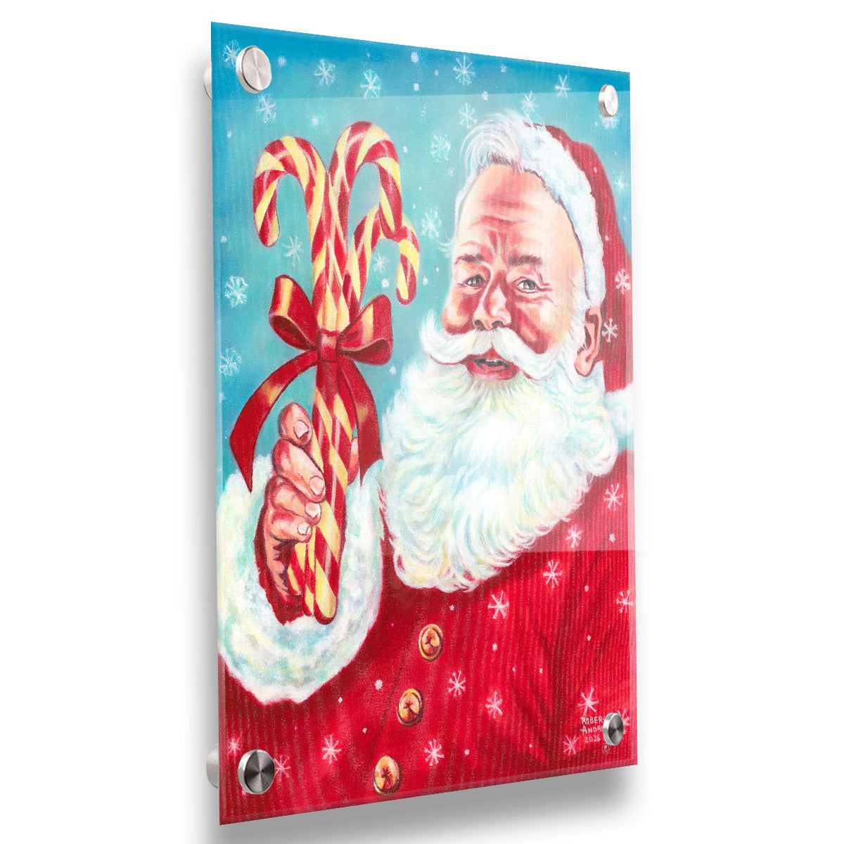Illustrative painting of Santa Claus smiling and holding candy canes against a a blue snowing sky. Printed on acrylic.