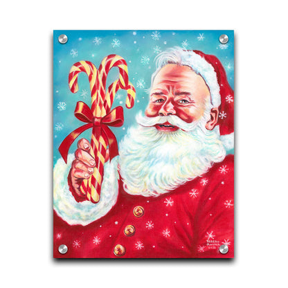 Illustrative painting of Santa Claus smiling and holding candy canes against a a blue snowing sky. Printed on acrylic.