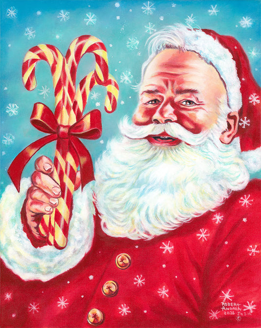Illustrative painting of Santa Claus smiling and holding candy canes against a a blue snowing sky.