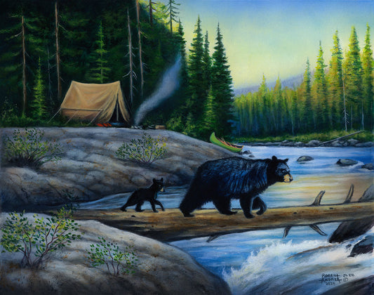 Painting of a bear and cub crossing a log over a river, near a tent campsite in an evergreen forest.