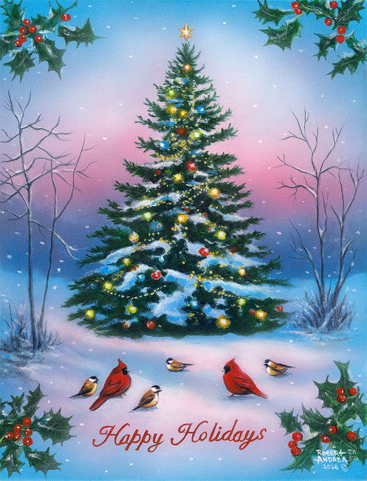 A painting of an evergreen tree decorated with holiday lights, framed by holly and the words "Happy Holidays."