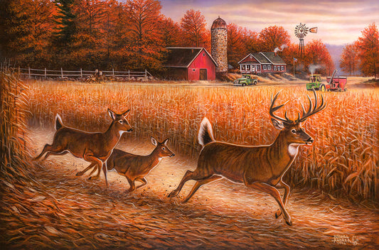 A wildlife painting of a family of deer running through a corn field, frightened off by the sound of the harvesting in the distance.