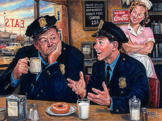 A painted scene of two police officers in a diner. The less experienced officer gestures and speaks with enthusiasm, while the other is more disheveled and holds a coffee mug, appearing tired.