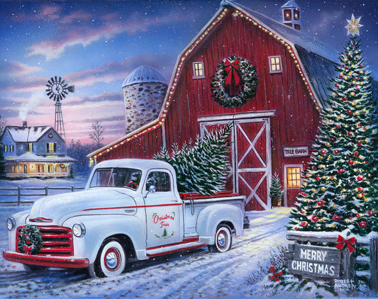 A painting of a vintage white pickup truck carrying an evergreen tree for Christmas, outside a large red barn on a snowy evening.