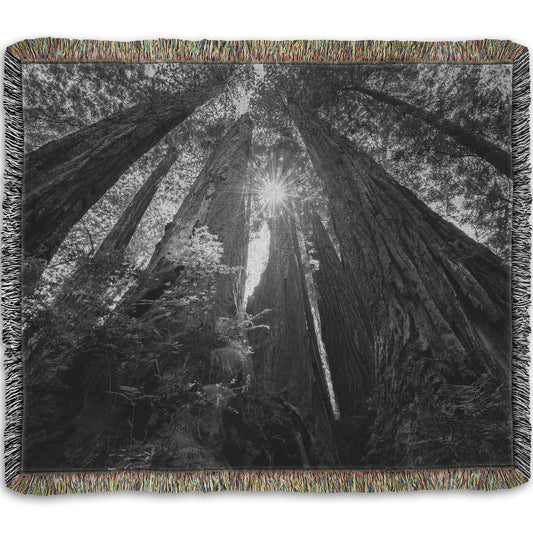Woven throw blanket designed with a black and white photo looking up at the giant redwood trees in Redwood National Park, California.
