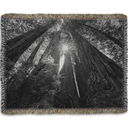 Woven throw blanket designed with a black and white photo looking up at the giant redwood trees in Redwood National Park, California.