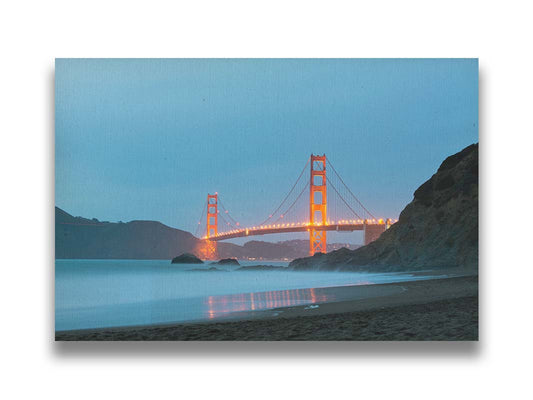 Photo at Baker Beach, San Francisco, looking out over the water at the Golden Gate Bridge. Printed on canvas.