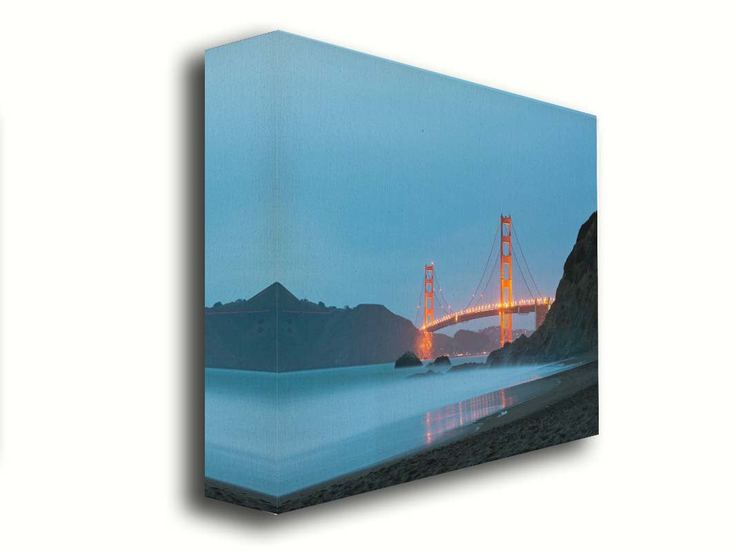 Photo at Baker Beach, San Francisco, looking out over the water at the Golden Gate Bridge. Printed on canvas.