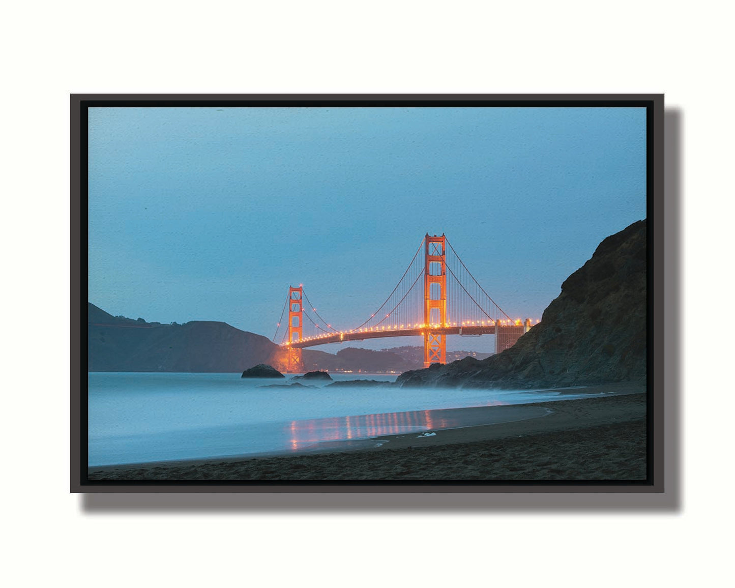 Photo at Baker Beach, San Francisco, looking out over the water at the Golden Gate Bridge. Printed on canvas in a float frame.