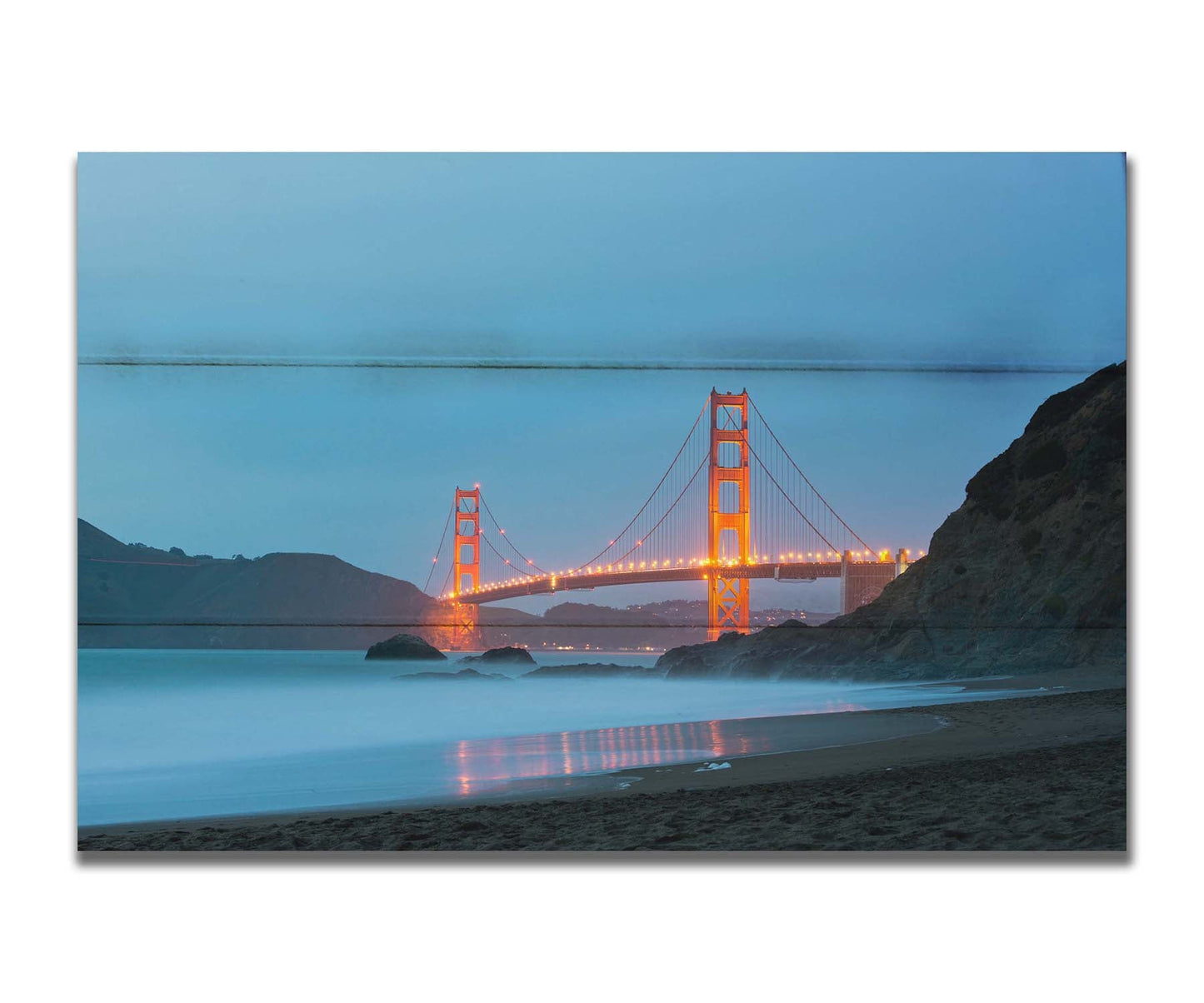 Photo at Baker Beach, San Francisco, looking out over the water at the Golden Gate Bridge. Printed on a box board.