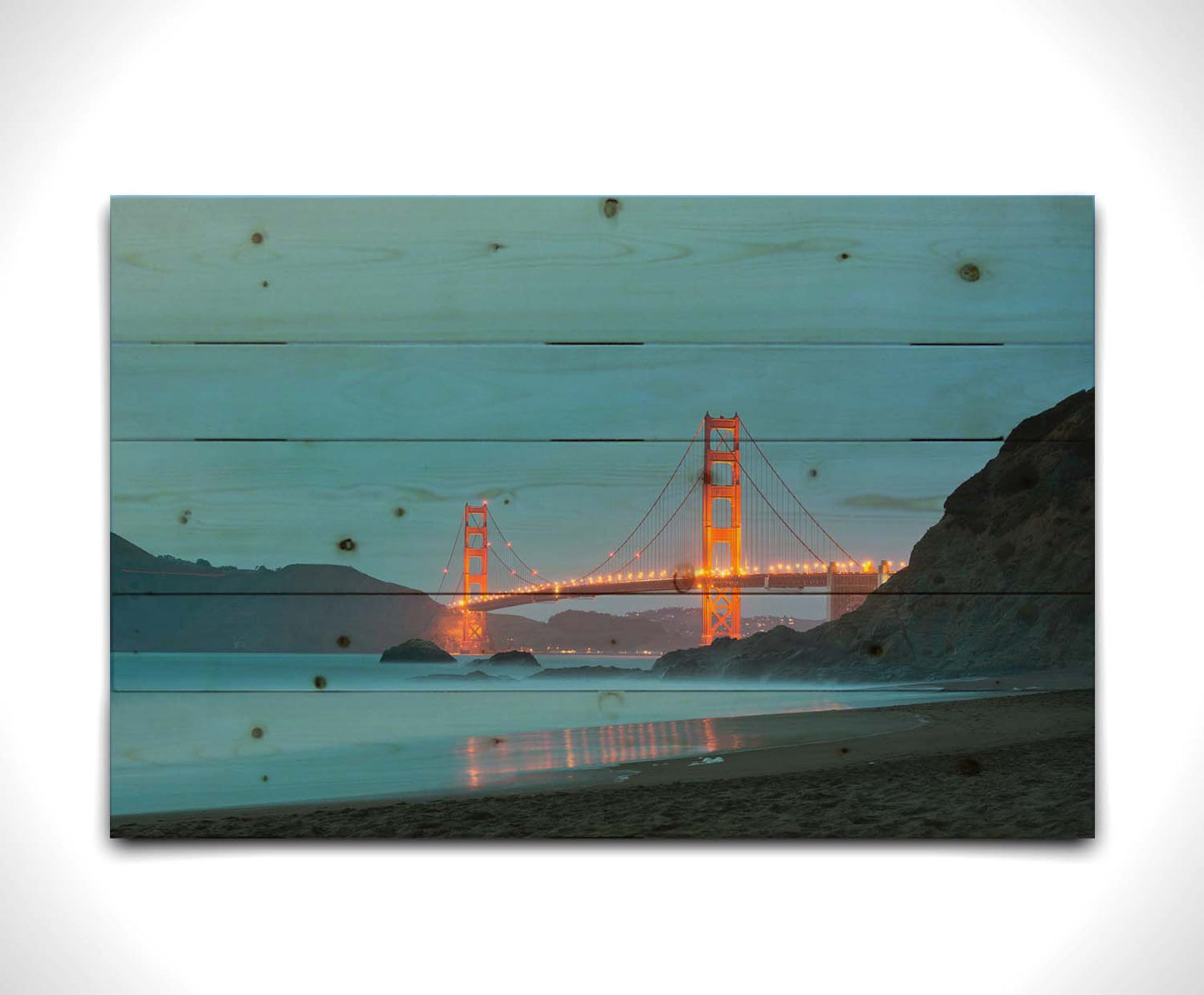 Photo at Baker Beach, San Francisco, looking out over the water at the Golden Gate Bridge. Printed on a wood pallet.