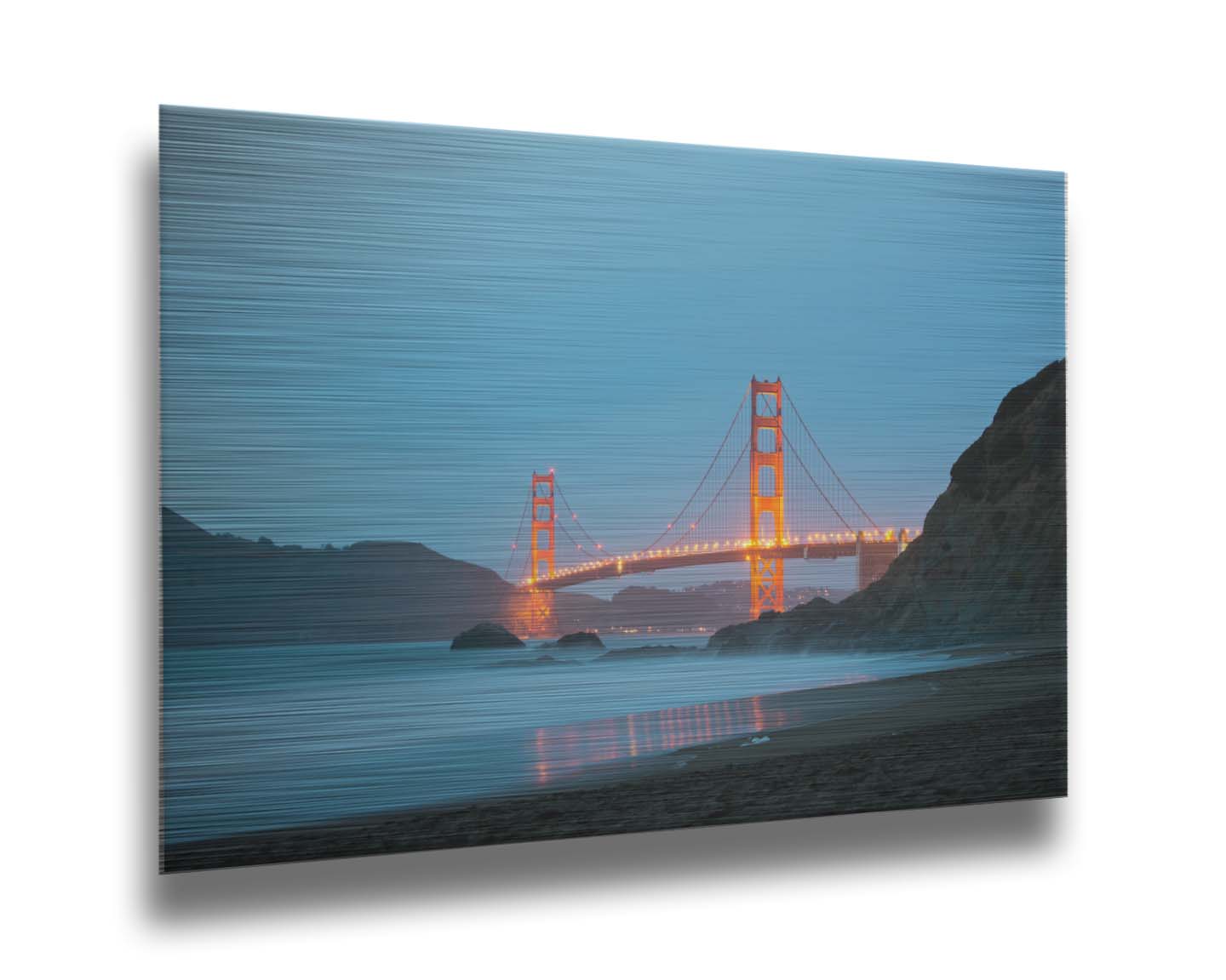 Photo at Baker Beach, San Francisco, looking out over the water at the Golden Gate Bridge. Printed on metal.