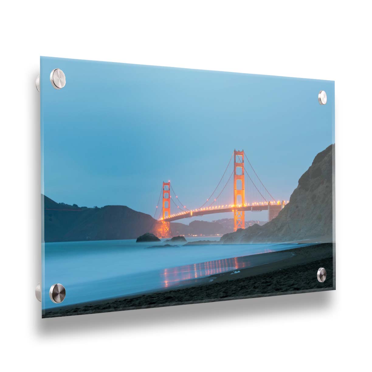 Photo at Baker Beach, San Francisco, looking out over the water at the Golden Gate Bridge. Printed on acrylic.